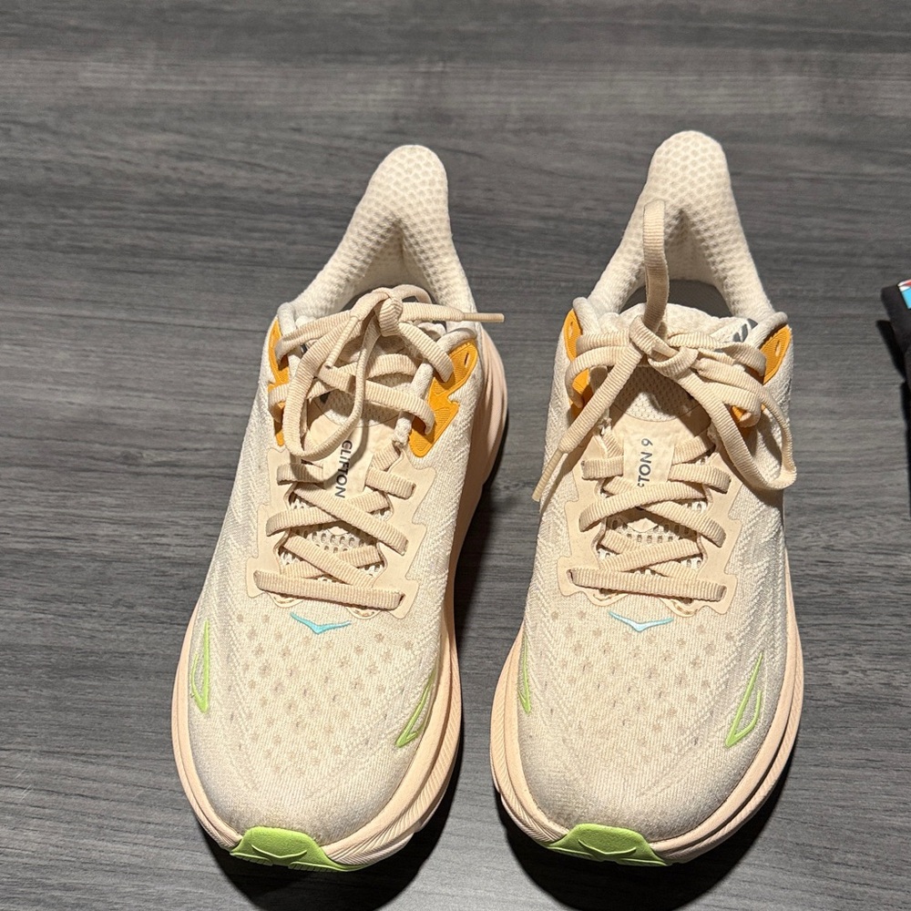Hoka Cream and Green Athletic Shoes